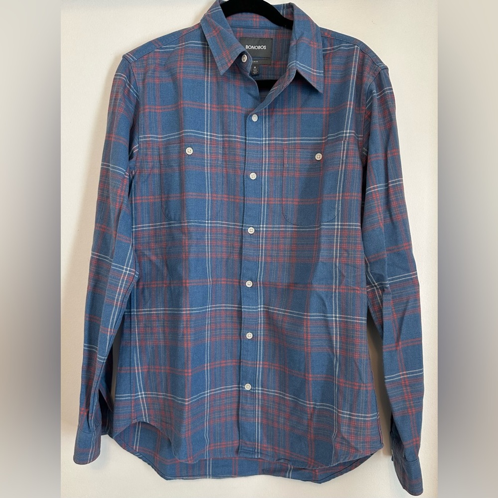 Men’s Bonobos Cotton Check Button Down Shirt, Medium, Slim Fit, Long
